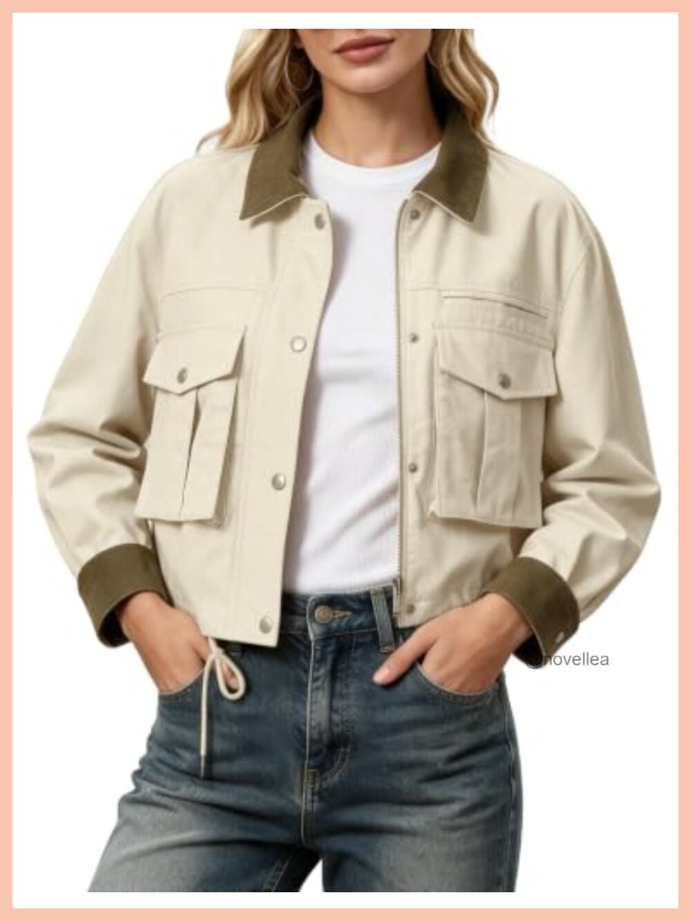 Womens 100% Cotton Cropped Jacket Contrast Collar Zip Button Front